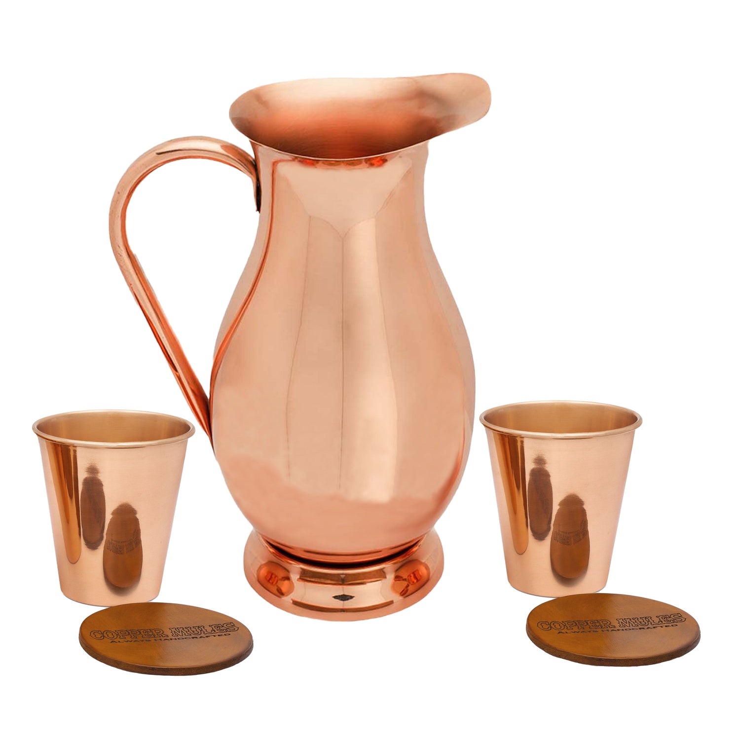 Elegant Copper Pitcher with PerfectFit Lid | 70 oz and 2 Smooth Tumblers | Each Tumbler Holds 14 oz