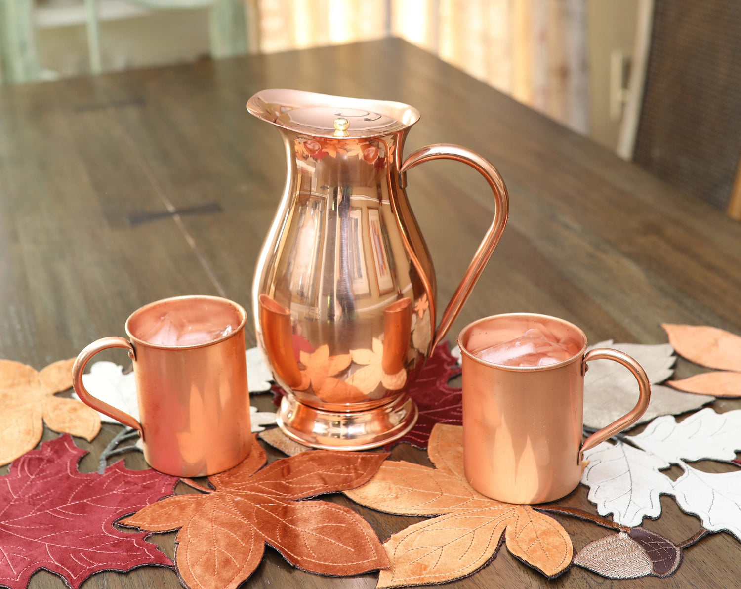 Elegant Copper Pitcher with PerfectFit Lid | 70 oz and 2 Tall Smooth Mugs | Each Mug Holds 16 oz