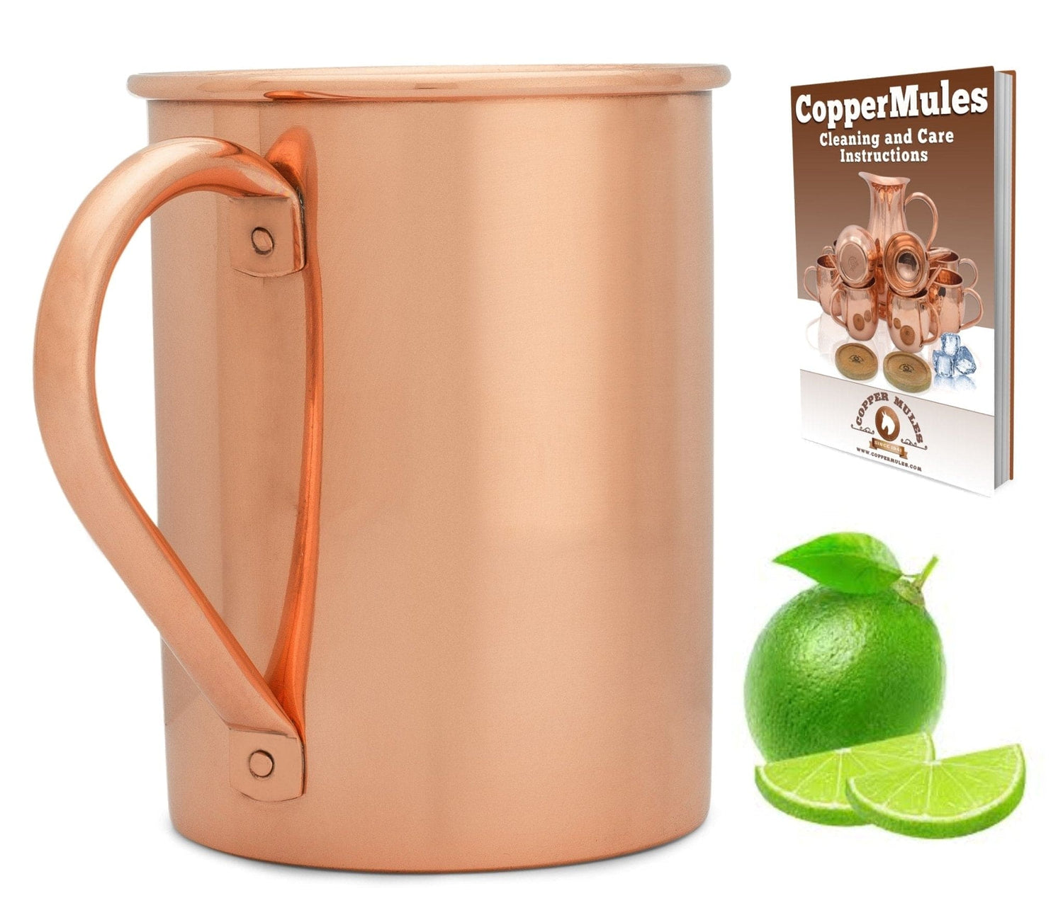 Elegant Copper Pitcher with PerfectFit Lid | 70 oz and 2 Tall Smooth Mugs | Each Mug Holds 16 oz