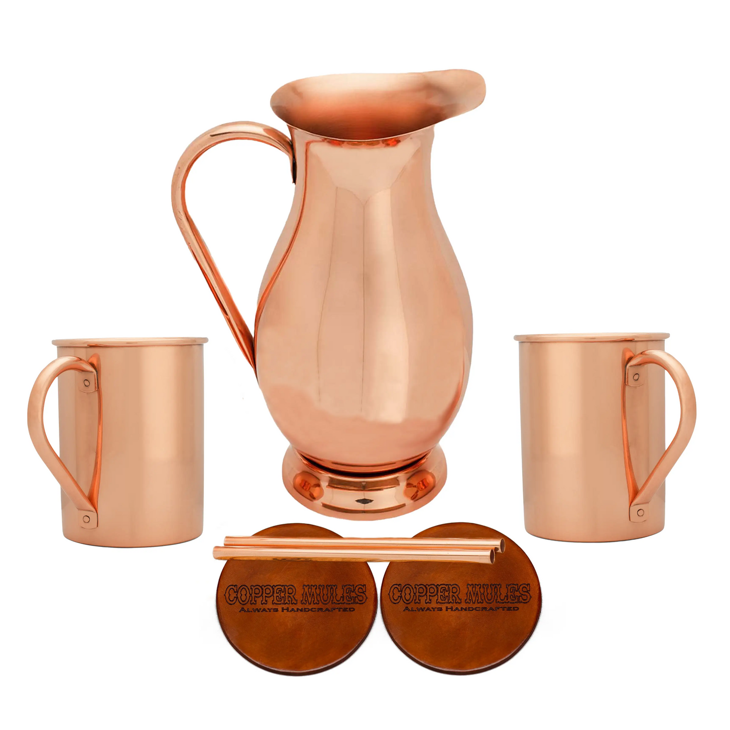 Elegant Copper Pitcher with PerfectFit Lid | 70 oz and 2 Tall Smooth Mugs | Each Mug Holds 16 oz