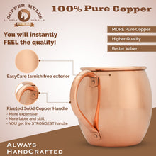 Load image into Gallery viewer, Moscow Mule Mug by Copper Mules - Handcrafted of 100% Pure THICK Copper - Timeless Barrel Smooth Finish - RAW Copper Interior - Authentic and Strong Riveted Handle - Holds 16oz