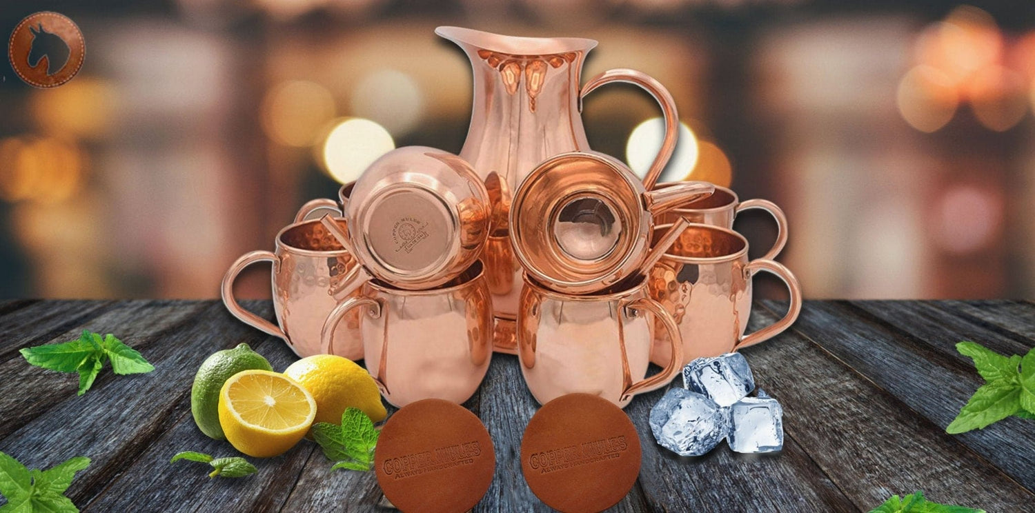 Elegant Copper Pitcher with PerfectFit Lid | 70 oz and 2 Barrel Smooth Mugs | Each Mug Holds 16 oz