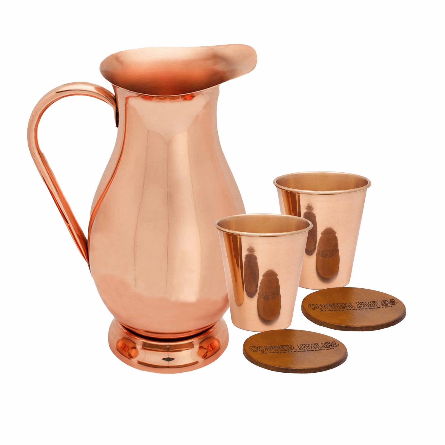 Elegant Copper Pitcher with PerfectFit Lid | 70 oz and 2 Smooth Tumblers | Each Tumbler Holds 14 oz