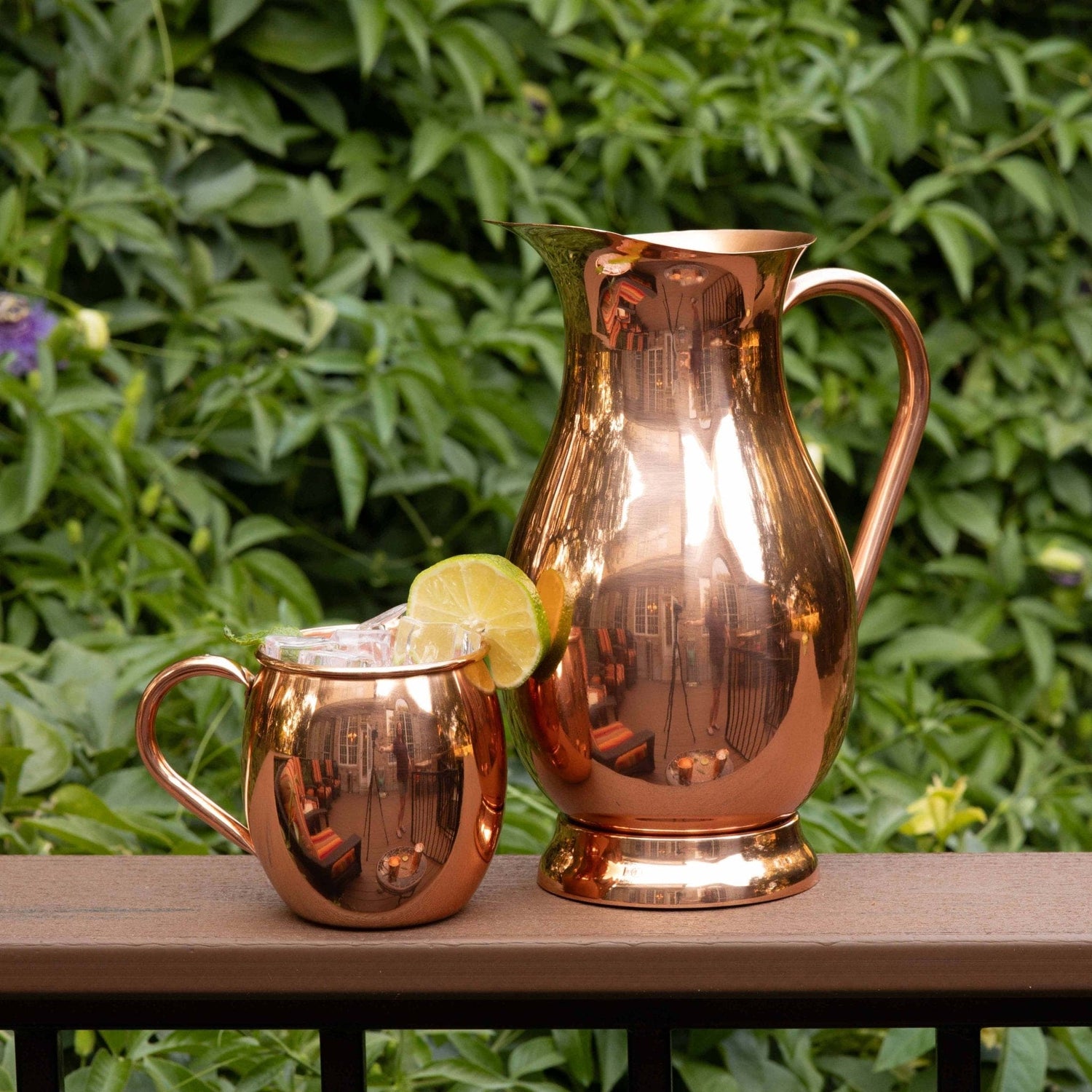 Elegant Copper Pitcher with PerfectFit Lid | 70 oz and 2 Barrel Smooth Mugs | Each Mug Holds 16 oz