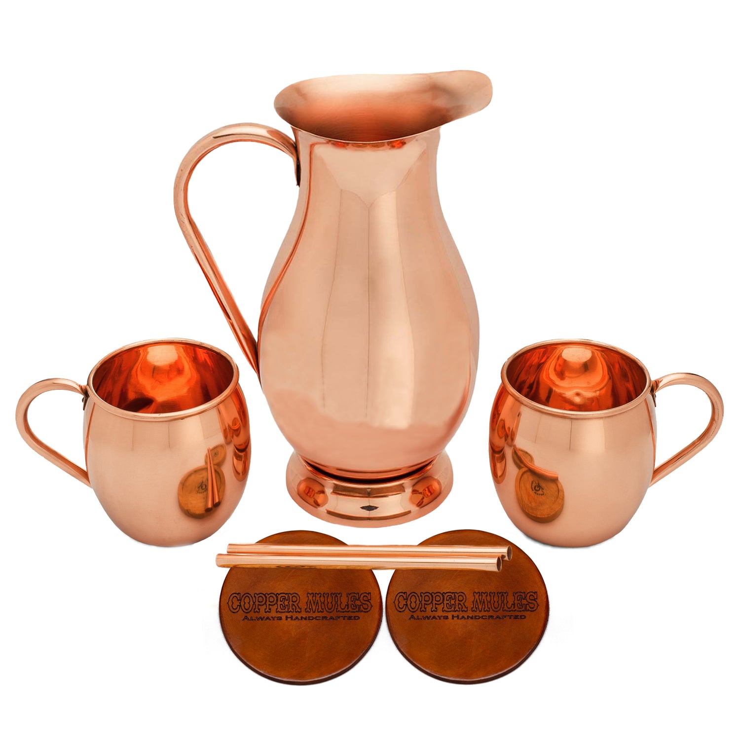 Elegant Copper Pitcher with PerfectFit Lid | 70 oz and 2 Barrel Smooth Mugs | Each Mug Holds 16 oz