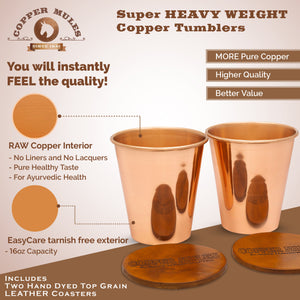 The Most Elegant 2Liter-70oz Pure Copper Pitcher with Lid and Set of 2 Copper Tumblers(16oz) | HandCrafted Quality | Leather Coasters | Lifetime Warranty