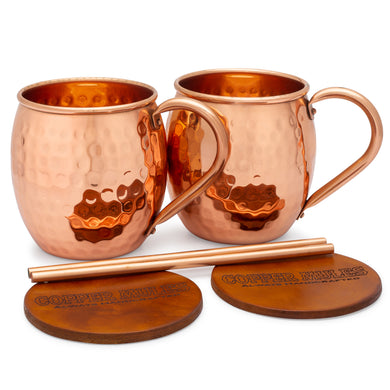 Moscow Mule Mugs Set of 2 by Copper Mules | Barrel Hammered Style | Strong Riveted Handles | 16oz