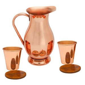 The Most Elegant 2Liter-70oz Pure Copper Pitcher with Lid and Set of 2 Copper Tumblers(16oz) | HandCrafted Quality | Leather Coasters | Lifetime Warranty