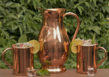 Load image into Gallery viewer, 100% Pure Copper Pitcher with Lid by Copper Mules | Premium Handcrafted Water Jug for Ayurveda Health | RAW Copper Interior | Holds 70oz or 2Liters