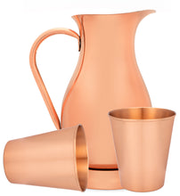 Load image into Gallery viewer, The Most Elegant 2Liter-70oz Pure Copper Pitcher with Lid and Set of 2 Copper Tumblers(16oz) | HandCrafted Quality | Leather Coasters | Lifetime Warranty