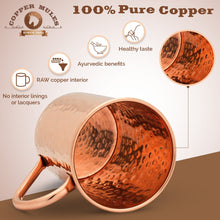 Load image into Gallery viewer, Moscow Mule Pure Copper Mugs Set of 2 by Copper Mules-HandCrafted-Straight Hammered Finish- Classic Riveted Handles – Holds 16oz
