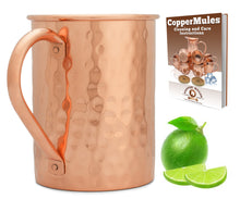 Load image into Gallery viewer, 100% Copper Moscow Mule Mug by Copper Mules | Tall Hammered Style | Handcrafted Quality | Strong Riveted Handle | 16oz