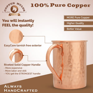 Moscow Mule Pure Copper Mugs Set of 2 by Copper Mules-HandCrafted-Straight Hammered Finish- Classic Riveted Handles – Holds 16oz