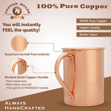 Load image into Gallery viewer, 100% Copper Moscow Mule Mug by Copper Mules - Tall Smooth Style - Premium Handcrafted Quality - Strong Riveted Handle - 16oz