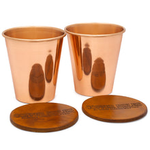 Load image into Gallery viewer, Pure Copper Tumbler Set of 2 | HandCrafted Quality | RAW Copper interior for Ayurvedic Health | Includes Top Grain Leather Coasters | Made from ULTRA HEAVY 100% Pure Copper | 14oz