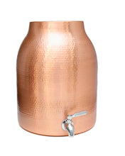 Load image into Gallery viewer, Pure Copper Water Dispenser with Lid by Copper Mules | XL Capacity Holds 3.5gal or 13liters | RAW Copper Interior for Ayruvedic Health | Includes No-leak Stainless Steel Spigot | Lifetime Warranty