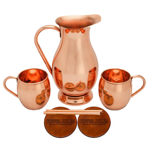 Copper Mules Elegant Copper Pitcher (70oz) with PerfectFit Lid and Copper Mugs Set (16oz) - Handcrafted - Heirloom quality